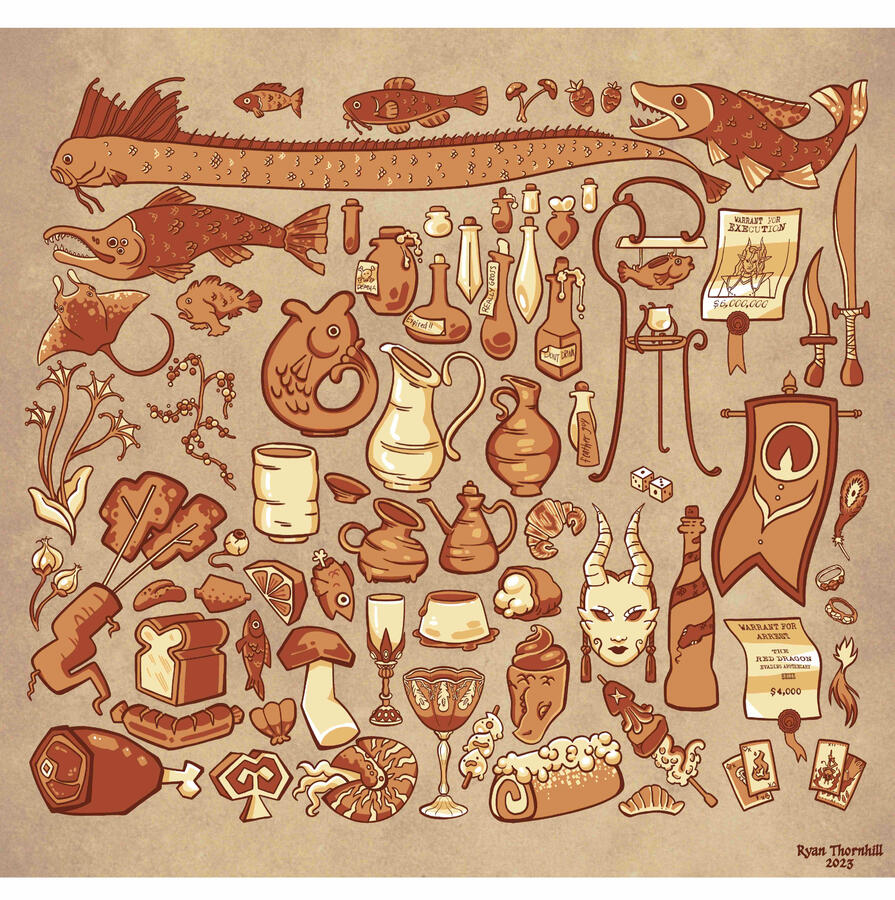 Prop exploration showcasing items relating to Sindyr and Malron&#39;s lifestyles and hobbies.