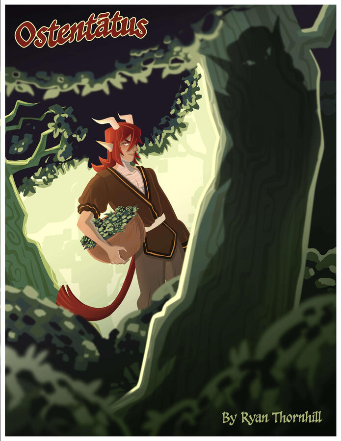 Ostentātus Comic Cover. Featuring Sindyr collecting potion ingredients while a suspicious shadowy figure preys upon him.