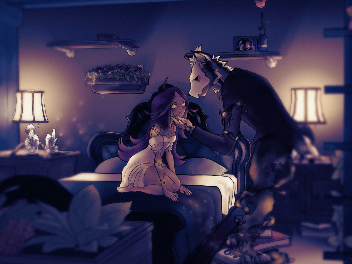 2021 Character Design Project "Fairy Tale Re-Imagining". Inspired by "Phantom of the Opera", a mysterious spirit haunts a college library, leading Camellia to discover the spirit of the library, The Golden Phantom. Story moment featuring Camellia & Phantom