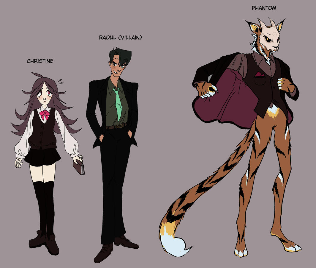 2021- Initial Character Designs of Christine, Raoul, and The Phantom. Christine&#39;s name was later changed to Camellia, as well as The Phantom becoming The Golden Phantom.