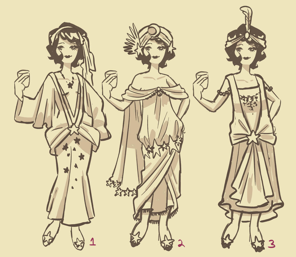 Character Design options of "Trixie StarChild", one of the characters featured in "Bootlegger's Paradox". She is a 1920's flapper girl with space and star design elements.