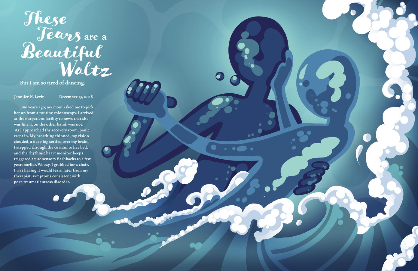 2023- Editorial Design Two-Page spread featuring an article discussing PTSD and how it relates to caring for elderly family members.