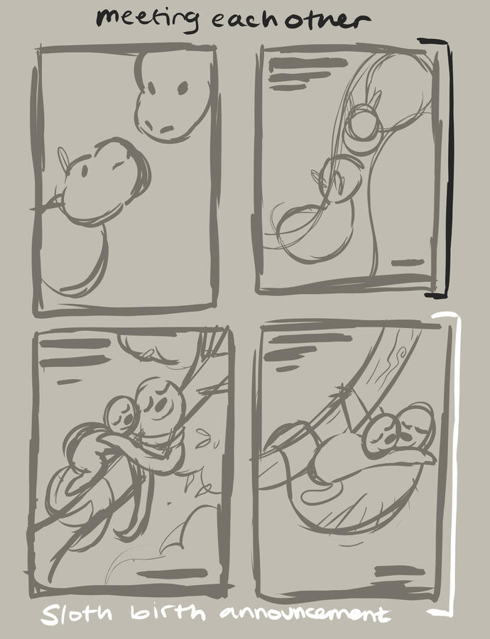 Proof of concept thumbnail sketches showcasing two articles, the second "sloth birth announcement" being the chosen article.