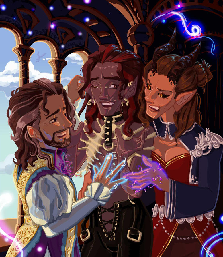 Fanart of Gale of Waterdeep, Rolan, and a customized Player-Character from the video game, &quot;Baldur&#39;s Gate 3&quot;. 2024.