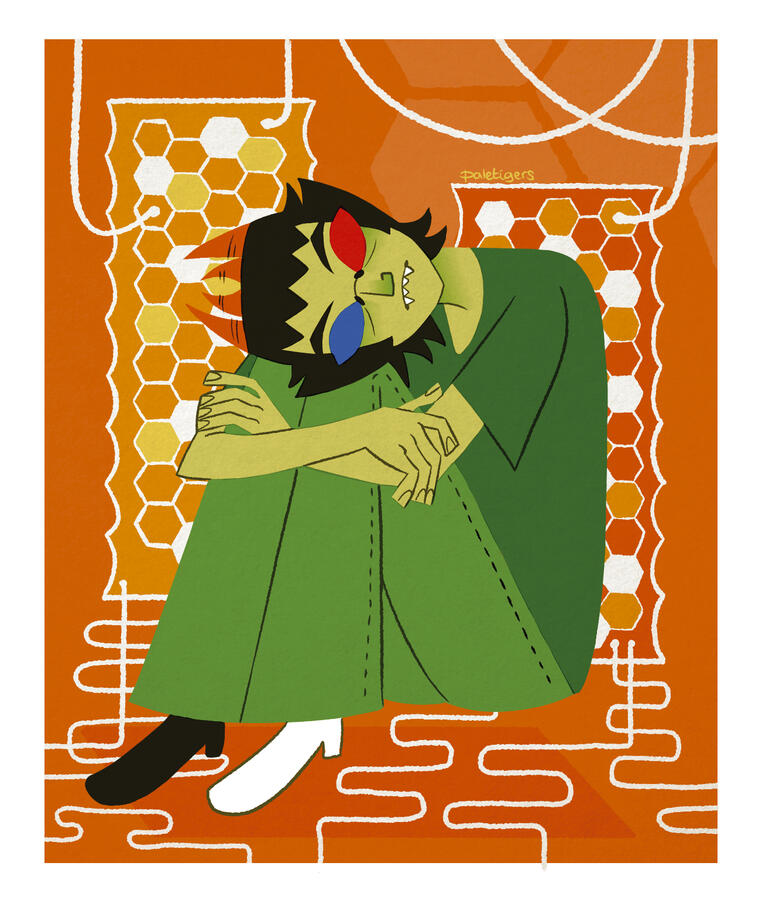 Fanart of Sollux from the Webcomic, &quot;Homestuck&quot;. Illustration style is heavily inspired by the &quot;UPA&quot; style of illustration and cartooning. 2024.