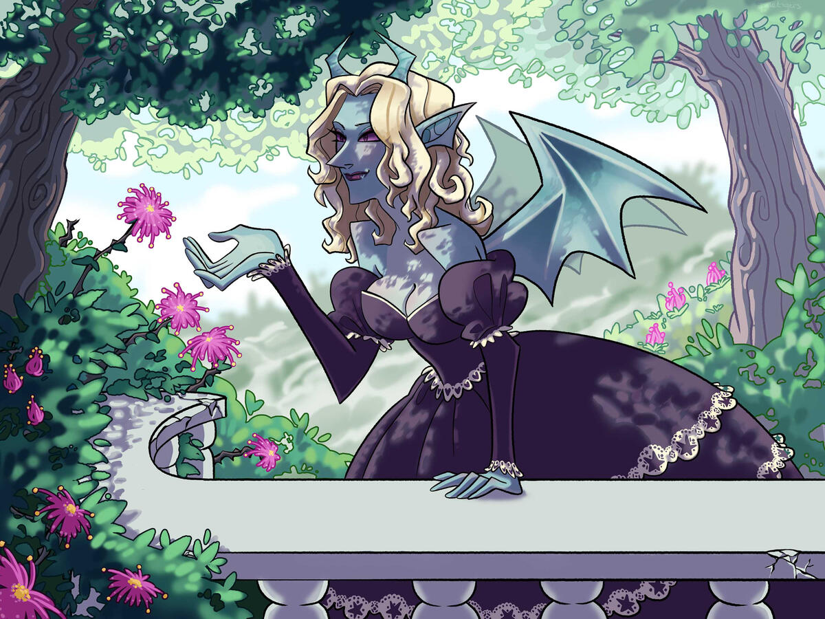 Original work featuring a dragon princess tending to her flower garden. 2022.